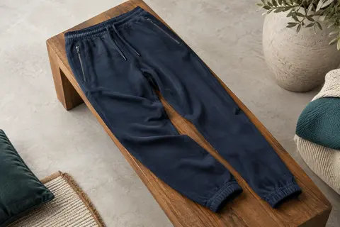 Pantalon de jogging en coton bleu foncé à coupe ample et poches latérales zippées, posé sur un banc en bois.