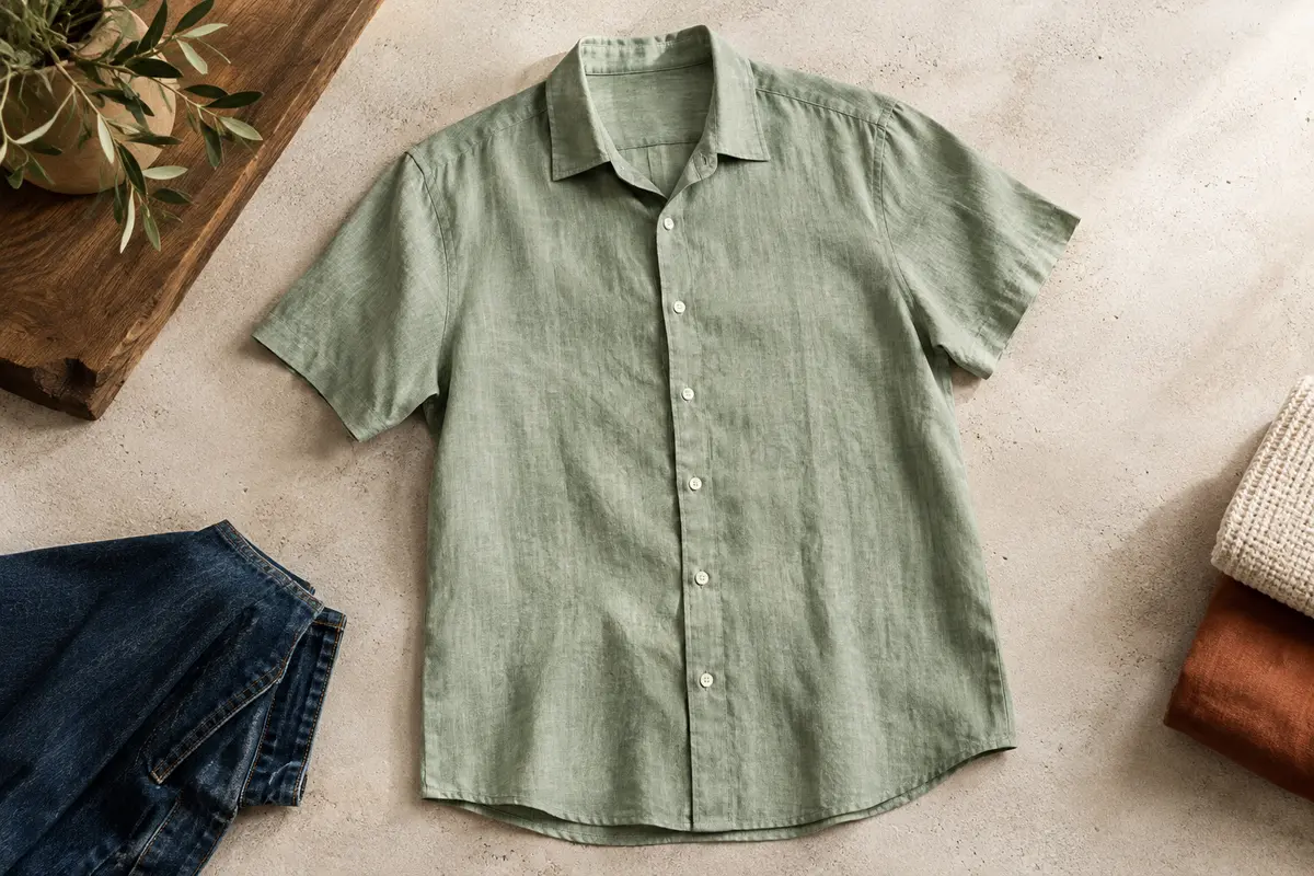 Chemise homme vert clair à manches courtes et boutons dissimulés, photographiée sur un fond minéral clair.