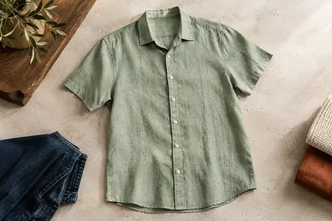 Chemise homme vert clair à manches courtes et boutons dissimulés, photographiée sur un fond minéral clair.