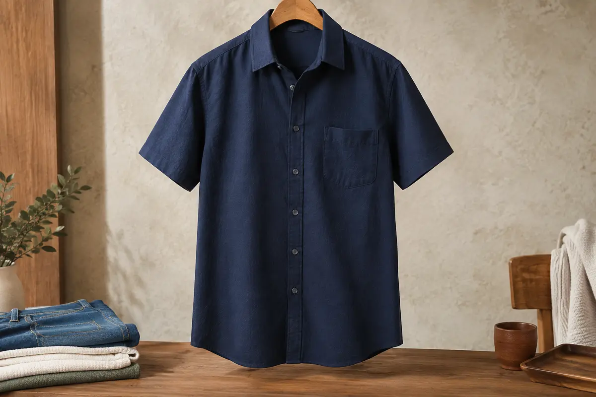 Chemise homme bleu foncé à manches courtes, avec col rabattu, boutons et poche poitrine