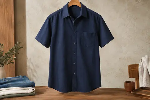 Chemise homme bleu foncé à manches courtes, avec col rabattu, boutons et poche poitrine