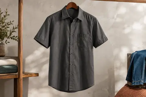 Chemise homme gris foncé à manches courtes avec fermeture boutonnée et poche poitrine, suspendue sur un cintre en bois.