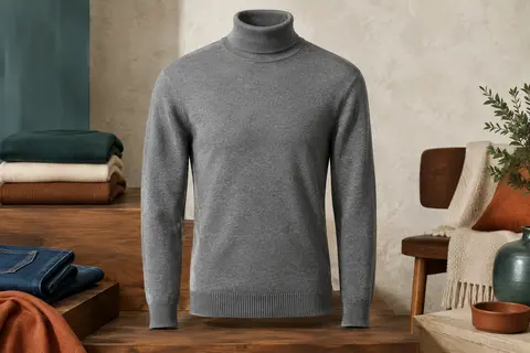 Pull homme gris moyen à col roulé en maille fine, présenté seul sur un fond minéral clair