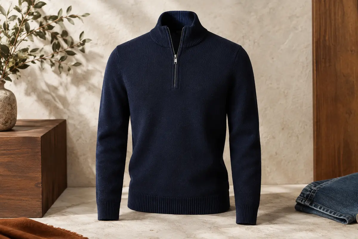 Pull homme bleu marine en maille, à col montant zippé, présenté seul sur un fond minéral clair.
