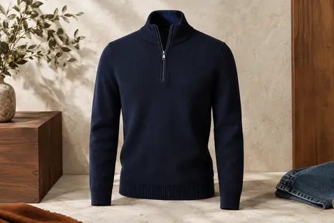Pull homme bleu marine en maille, à col montant zippé, présenté seul sur un fond minéral clair.