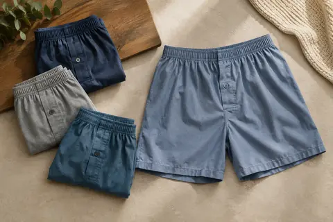 Quatre boxers tissés unis en coton biologique bleu et gris, à coupe ample et braguette boutonnée.
