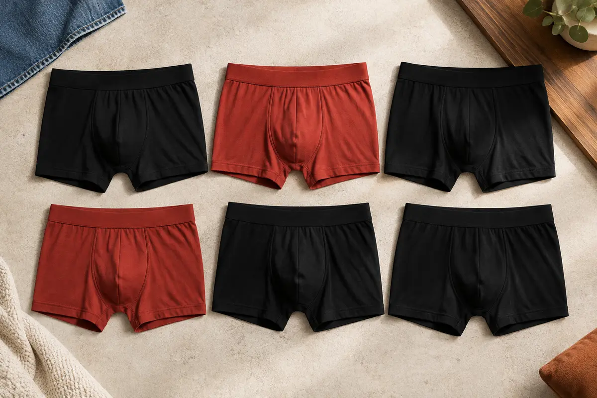 Six boxers homme en viscose de bambou, quatre noirs et deux rouges, pliés et posés en deux rangées de trois sur un fond minéral clair.