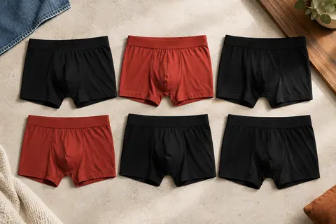 Six boxers homme en viscose de bambou, quatre noirs et deux rouges, pliés et posés en deux rangées de trois sur un fond minéral clair.