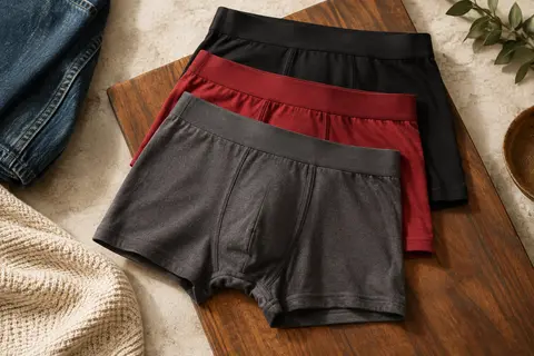 Trois boxers homme en coton stretch gris plomb, rouge chili et noir présentés à plat en studio.