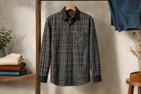Chemise homme à carreaux gris anthracite avec col contrastant, manches longues et poche poitrine