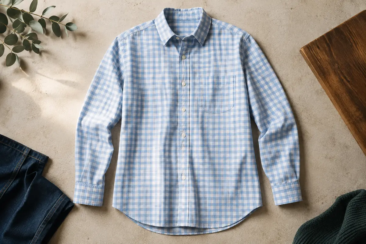 Chemise homme à carreaux bleu ciel et blanc avec manches longues, poche poitrine cousue et ourlet arrondi