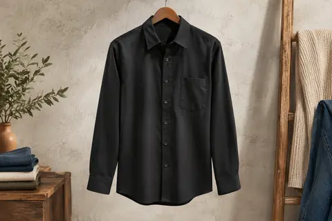 Chemise homme noire à manches longues, coupe classique, boutons sur le devant et poche poitrine