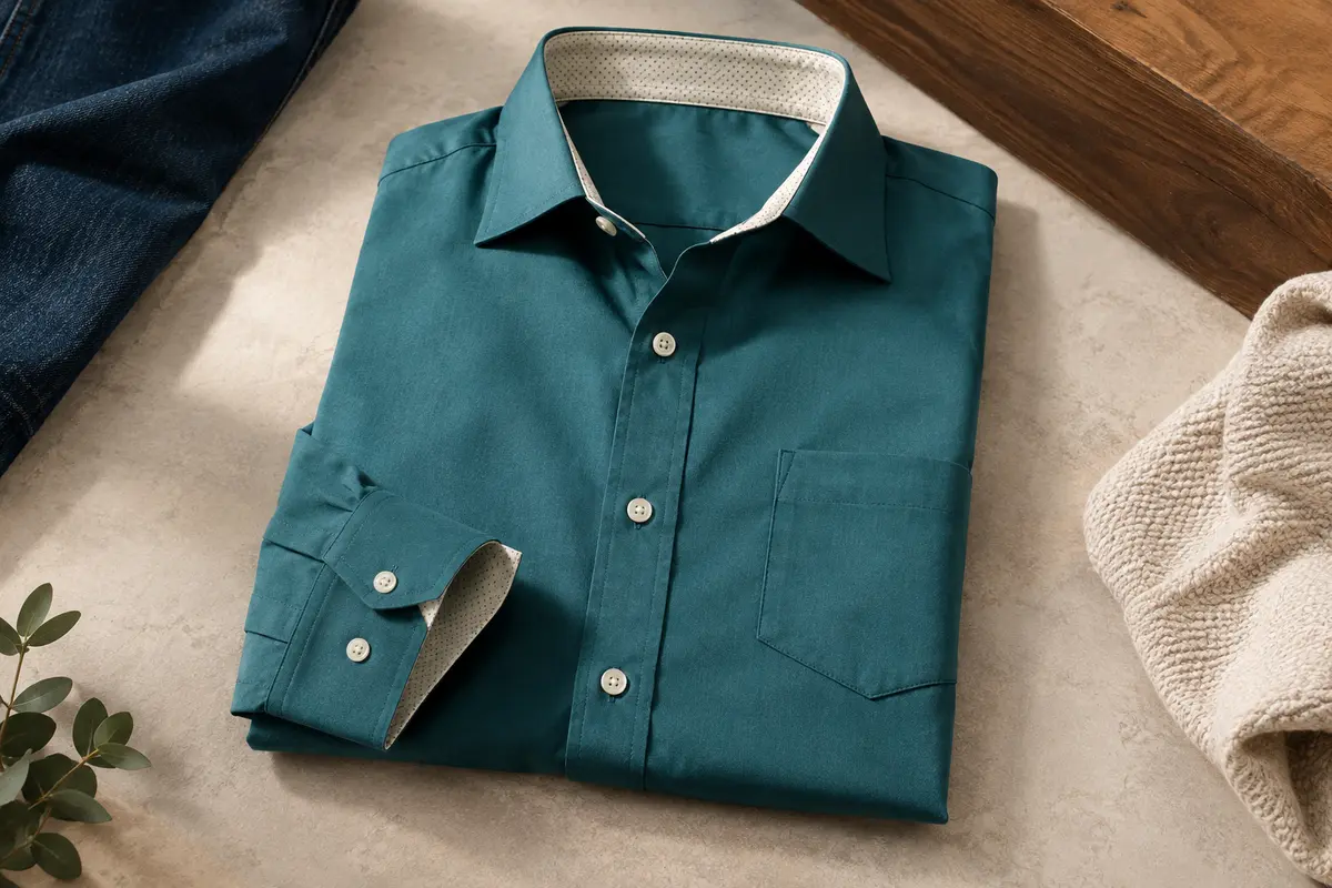 Chemise homme turquoise à manches longues, avec col et poignets contrastés, posée en studio.