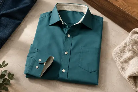 Chemise homme turquoise à manches longues, avec col et poignets contrastés, posée en studio.