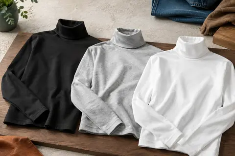 Trois t-shirts homme unis à col roulé, en noir, gris clair et blanc, présentés sur un fond minéral clair.
