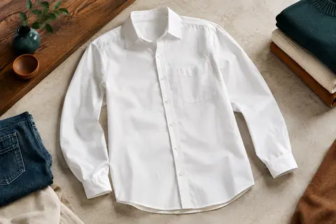 Chemise blanche pour homme à manches longues, coupe régulière et poche, présentée sur un fond minéral clair.