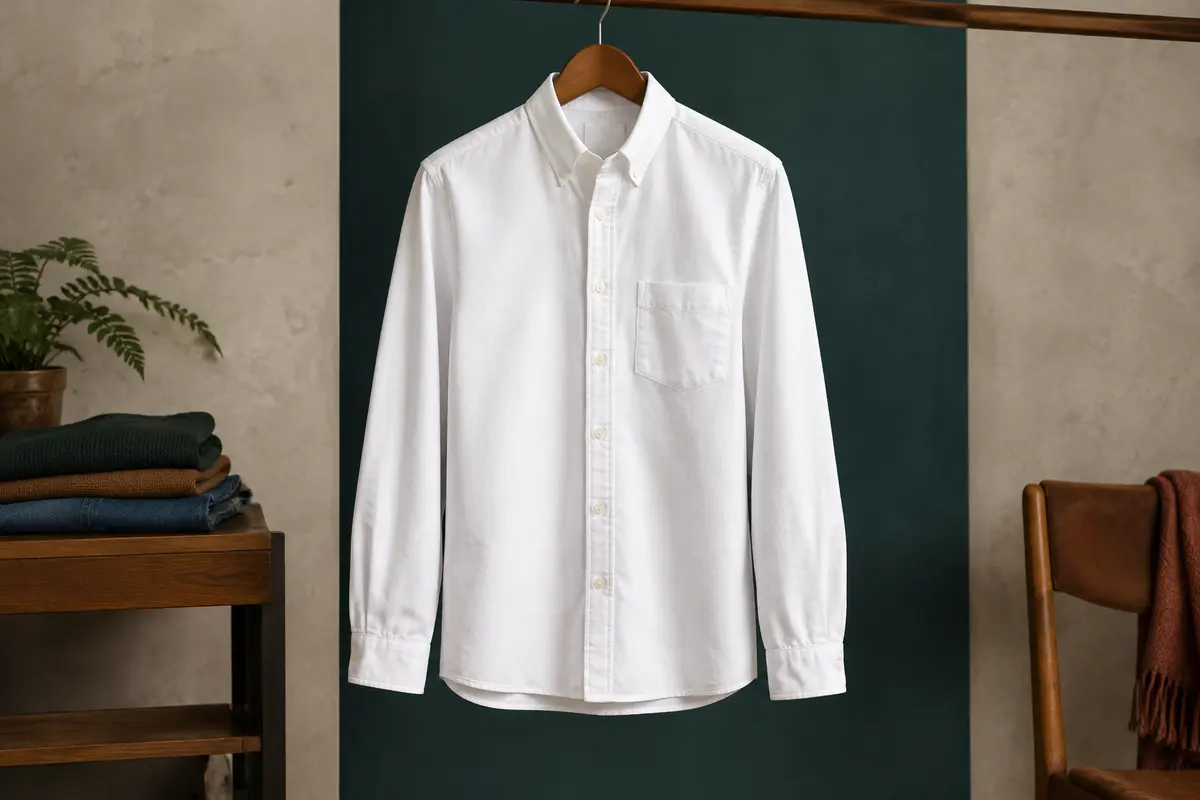 Chemise Oxford blanche à manches longues avec poche poitrine, col et poignets boutonnés, photographiée en studio.