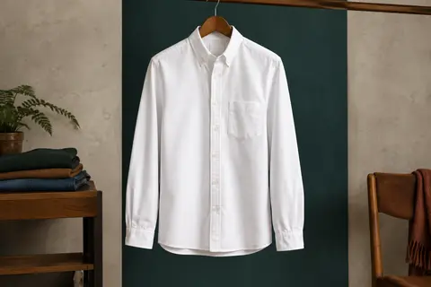Chemise Oxford blanche à manches longues avec poche poitrine, col et poignets boutonnés, photographiée en studio.