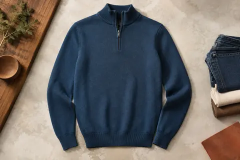 Pull homme bleu en maille fine à col montant zippé, présenté à plat sur un fond minéral clair
