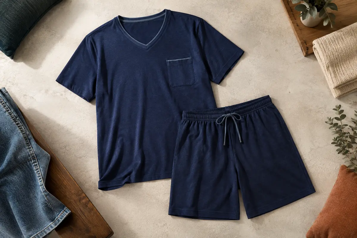 Pyjama homme bleu foncé avec T-shirt à col V et short à poches, présenté à plat en studio