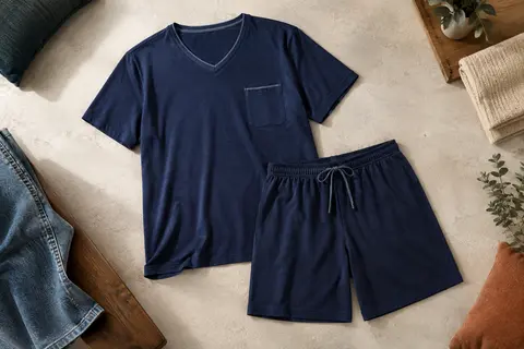 Pyjama homme bleu foncé avec T-shirt à col V et short à poches, présenté à plat en studio