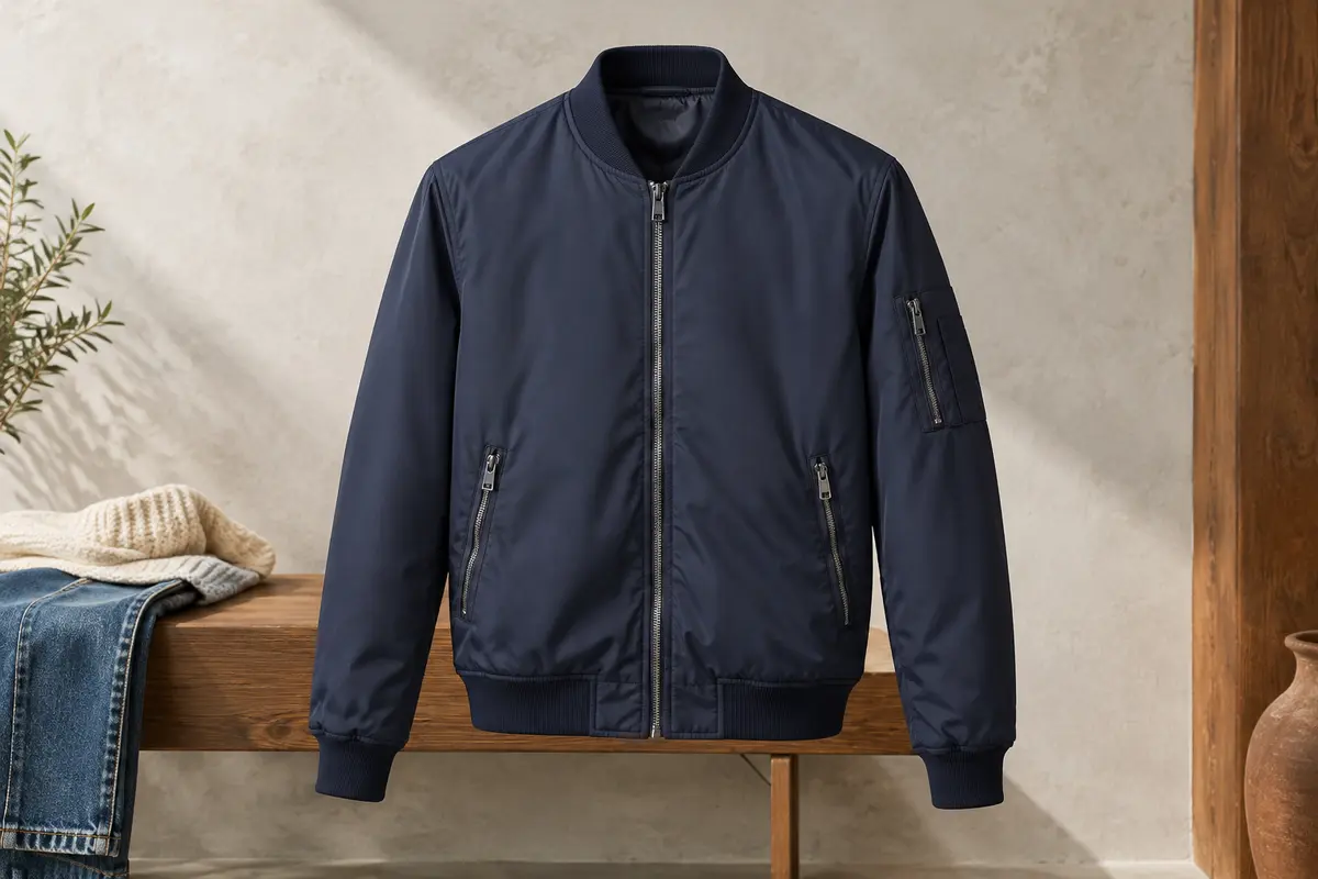Blouson bomber homme bleu marine en polyester, avec col côtelé, fermeture éclair et poches zippées