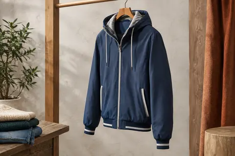 Veste bomber homme bleu Sky Captain à capuche, coupe courte et poignets côtelés, présentée sur un cintre en bois