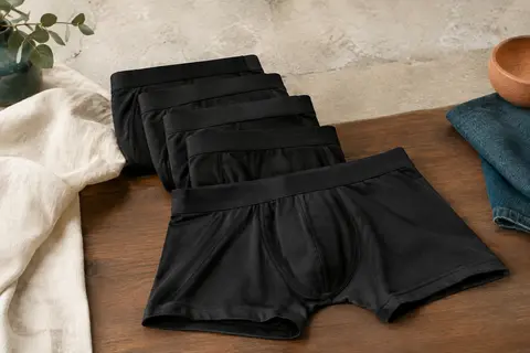 Lot de cinq boxers homme noirs à coupe ajustée, présenté sur un fond minéral clair et du bois teinté.