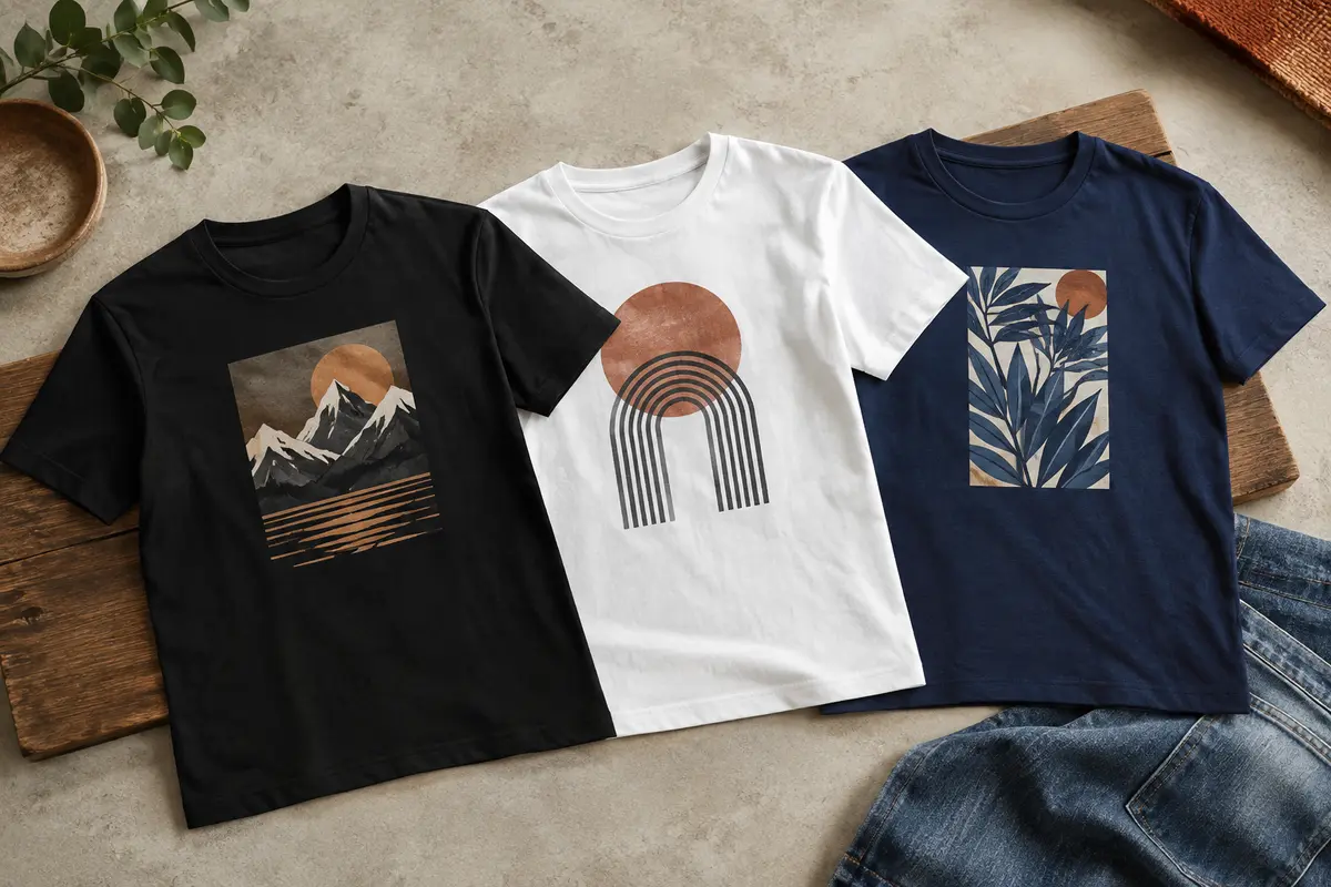Trois t-shirts homme à col rond et manches courtes, en noir, blanc et bleu marine, présentés à plat