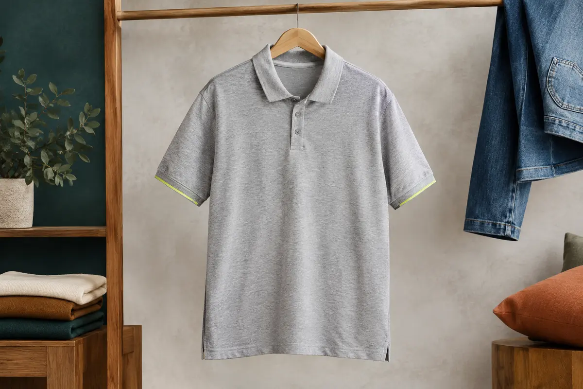 Polo homme gris clair chiné à manches courtes, col classique boutonné et détail fluorescent