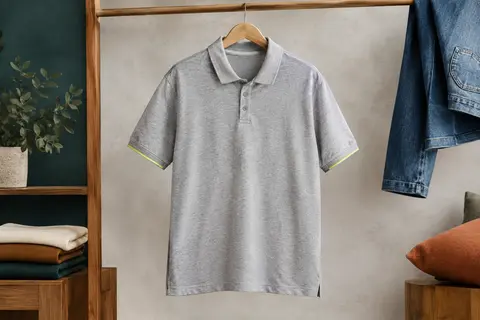 Polo homme gris clair chiné à manches courtes, col classique boutonné et détail fluorescent