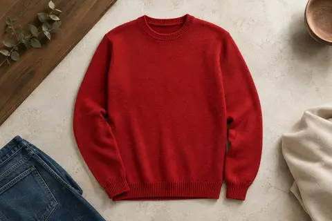 Pull rouge en maille à col rond et manches longues, posé sur un fond minéral clair avec du denim.