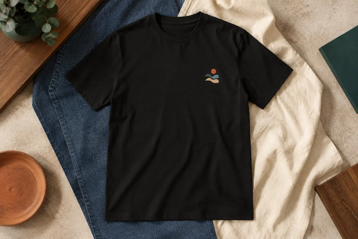 T-shirt homme noir à col rond et manches courtes, présenté à plat sur du denim et du coton écru.