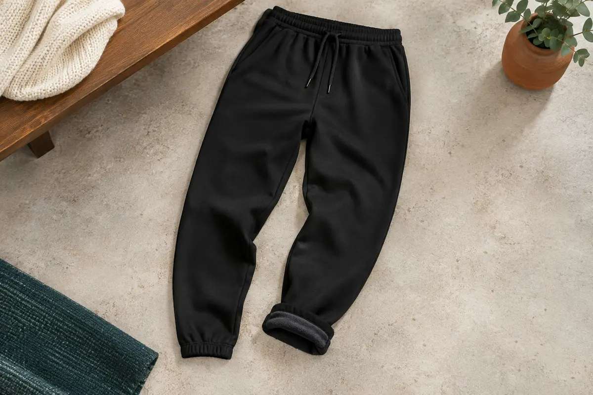 Pantalon de jogging noir Joma Cleo II à taille réglable, posé sur un fond minéral clair.