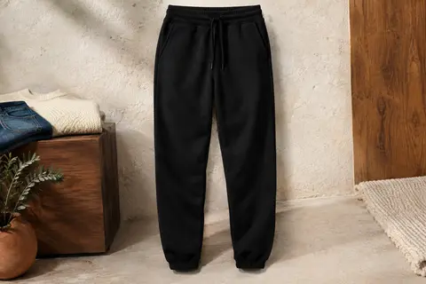 Pantalon de jogging noir en acrylique avec ceinture réglable et poches latérales, photographié en studio.