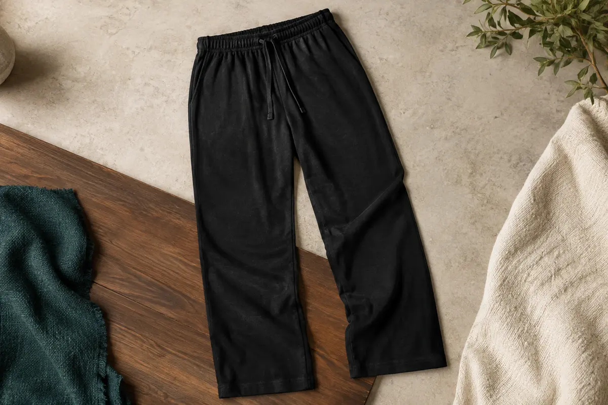 Pantalon de pyjama long noir en jersey de coton, posé à plat sur un fond minéral clair et du bois teinté.