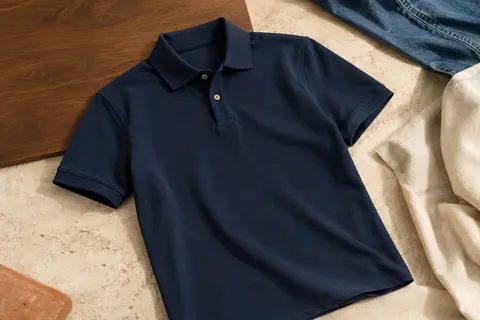 Polo homme bleu foncé à manches courtes et maille piquée, posé sur un fond minéral clair avec denim.