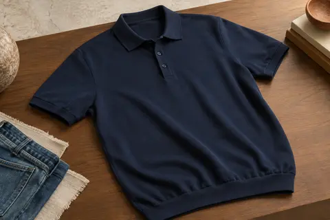 Polo homme bleu marine foncé en coton piqué, à manches courtes et coupe longue, photographié en studio