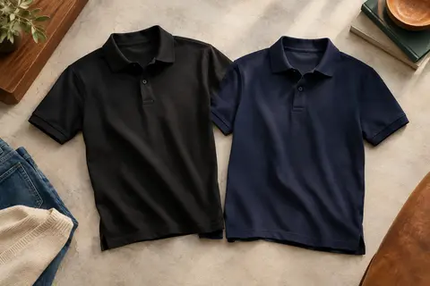 Deux polos homme en coton piqué, noir et bleu marine, présentés côte à côte en studio