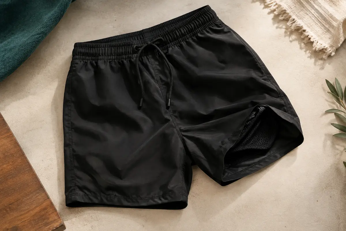 Short de bain noir uni avec taille élastiquée et slip intérieur en mesh, posé en studio.