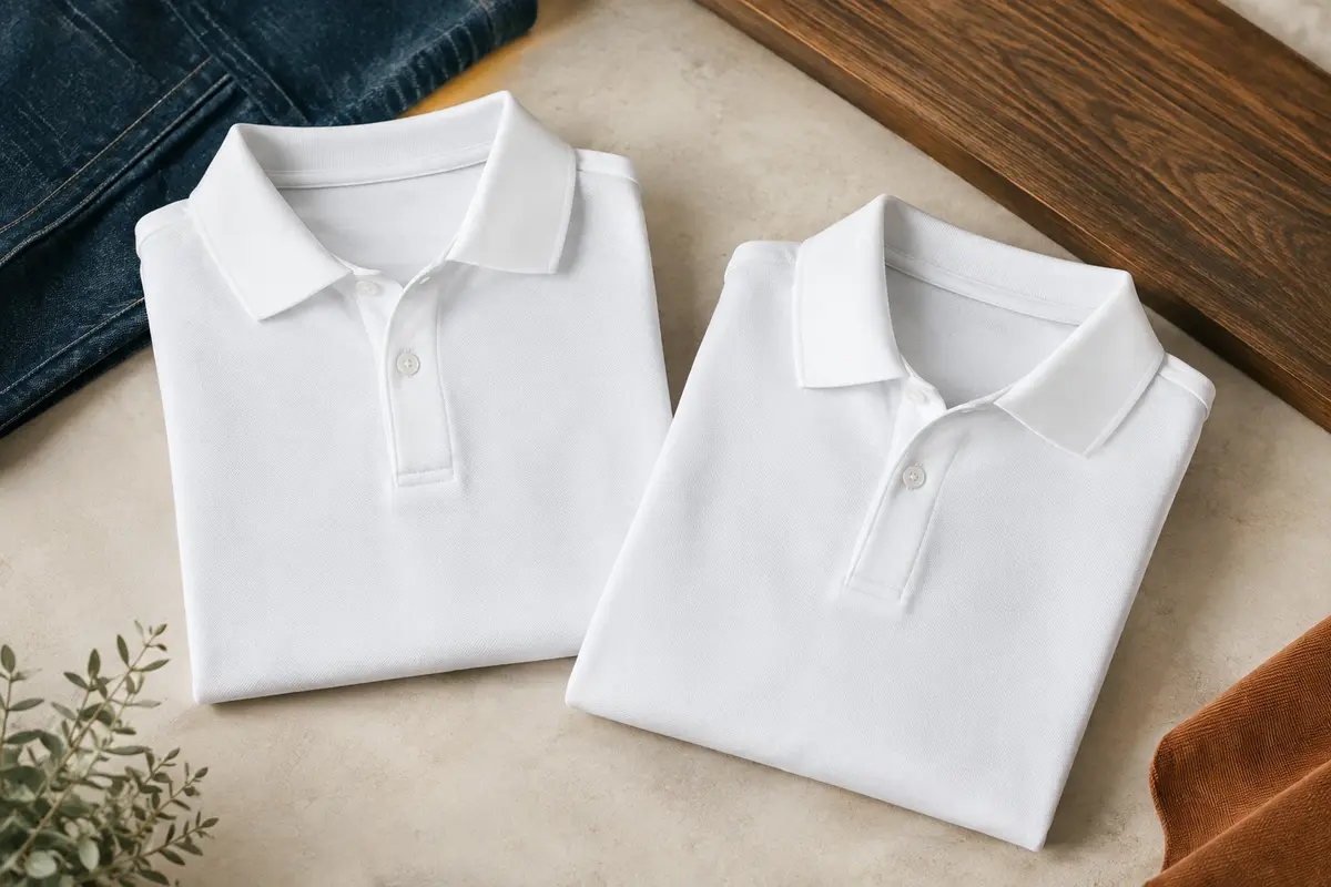 Deux polos blancs pour homme en coton piqué, à manches courtes et col Kent, posés en studio sur un fond clair.