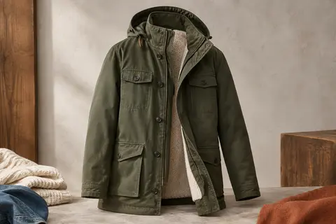 Parka homme vert armée en coton avec doublure polaire visible, capuche amovible et poches à rabat.