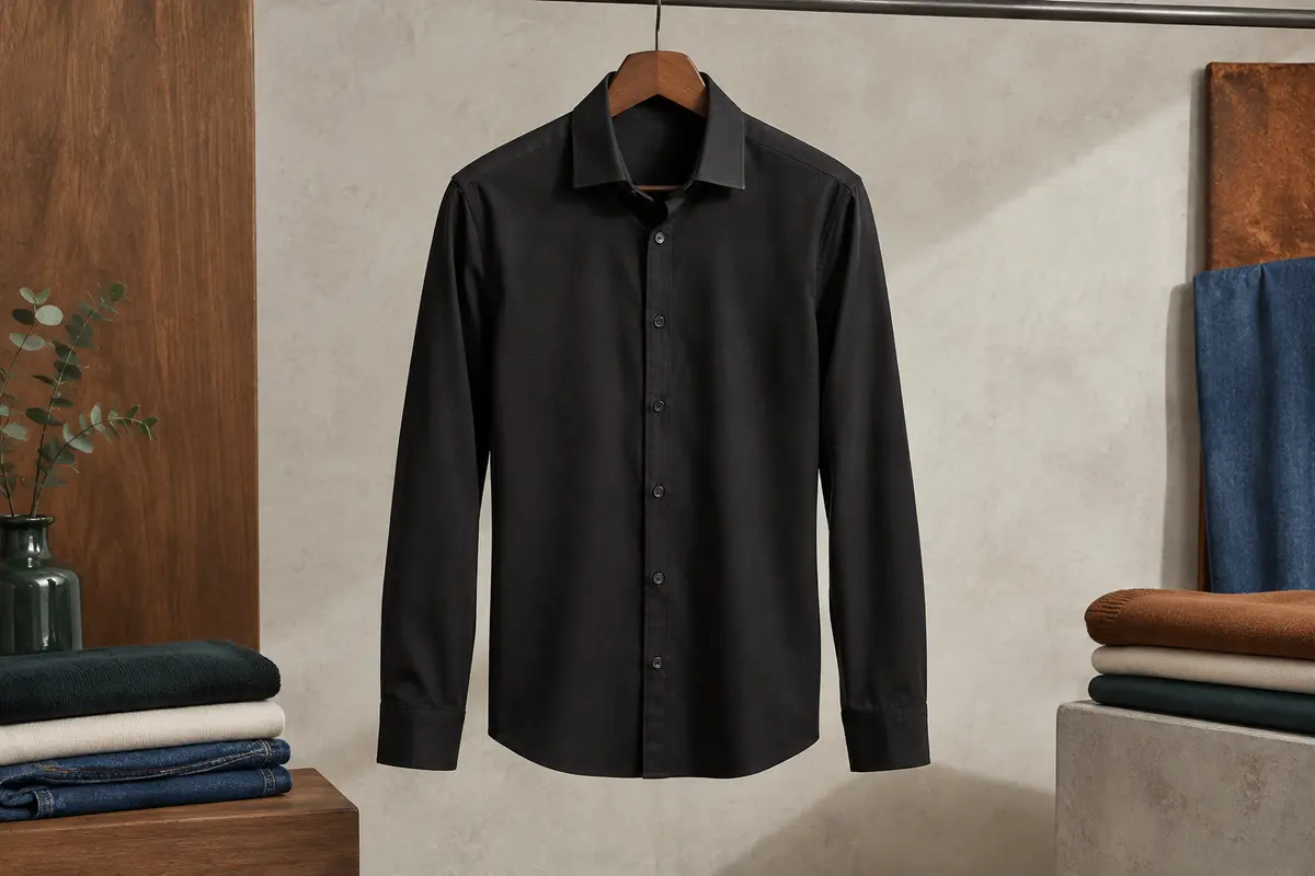 Chemise homme noire à manches longues et coupe slim présentée sur un fond minéral clair en studio.