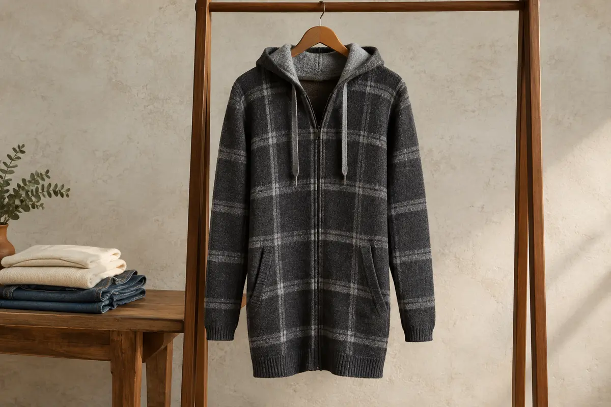Cardigan long homme gris foncé à carreaux, à capuche et zip, suspendu à un cintre en bois sur un portant, devant un fond minéral clair