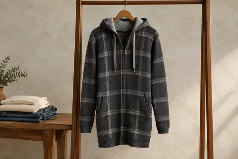 Cardigan long homme gris foncé à carreaux, à capuche et zip, suspendu à un cintre en bois sur un portant, devant un fond minéral clair
