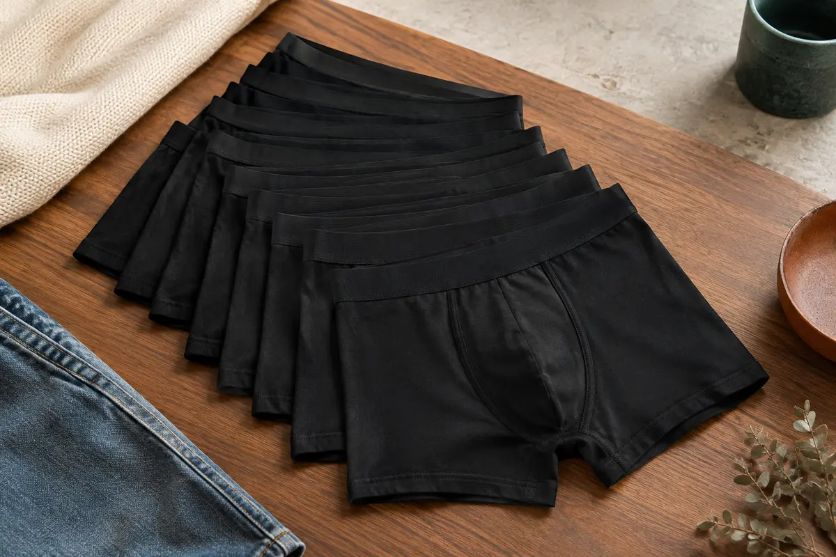 Boxers homme noirs unis en coton extensible, pliés sur un fond minéral clair avec du bois teinté.