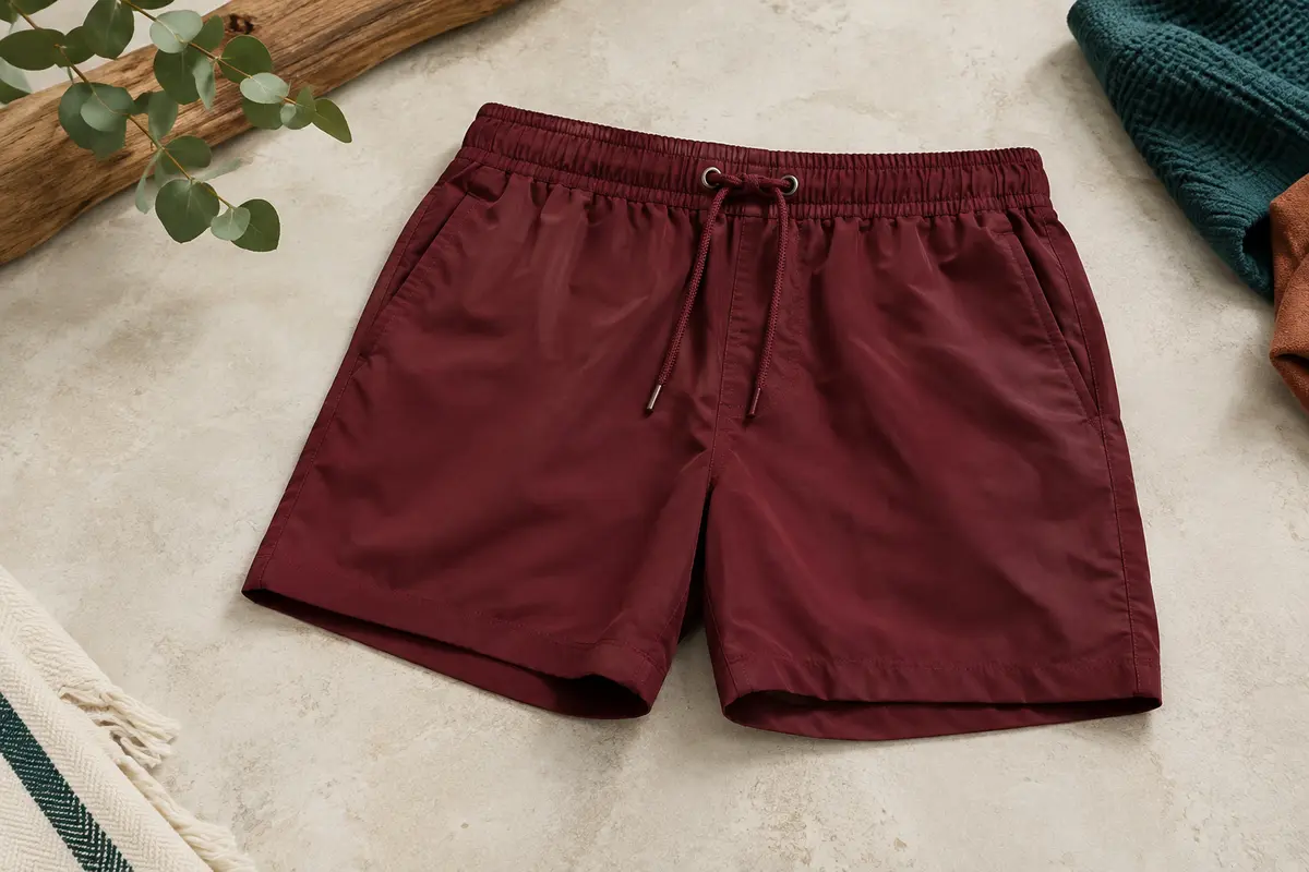 Short de bain homme bordeaux avec ceinture à cordon, poches latérales et doublure filet intégrée