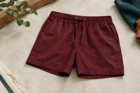 Short de bain homme bordeaux avec ceinture à cordon, poches latérales et doublure filet intégrée