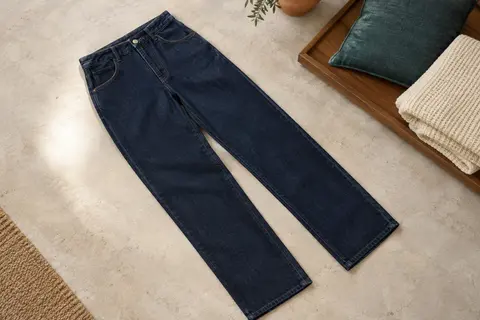 Jean de travail homme en denim bleu marine uni posé à plat sur un sol minéral clair, à côté d’un plaid écru plié et d’un coussin vert pétrole