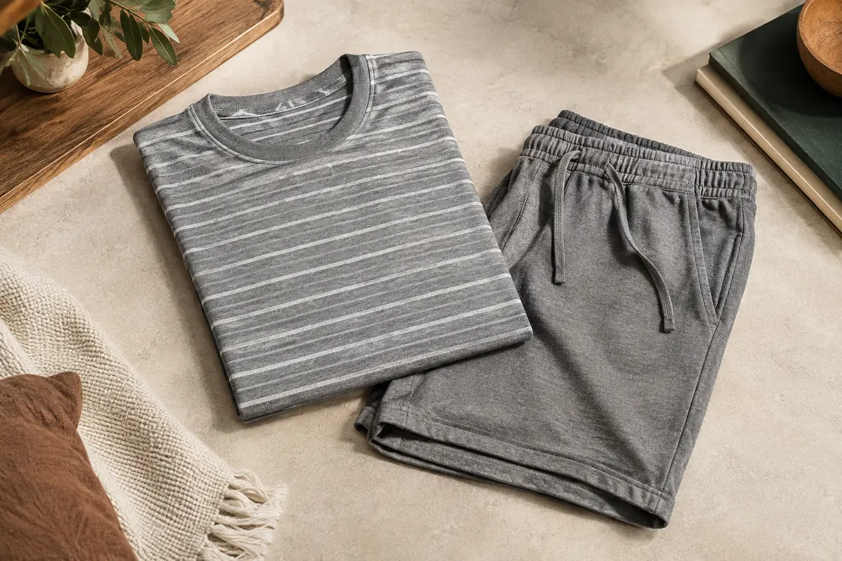 Pyjama homme gris deux pièces, avec haut rayé à manches courtes et short uni à cordon réglable